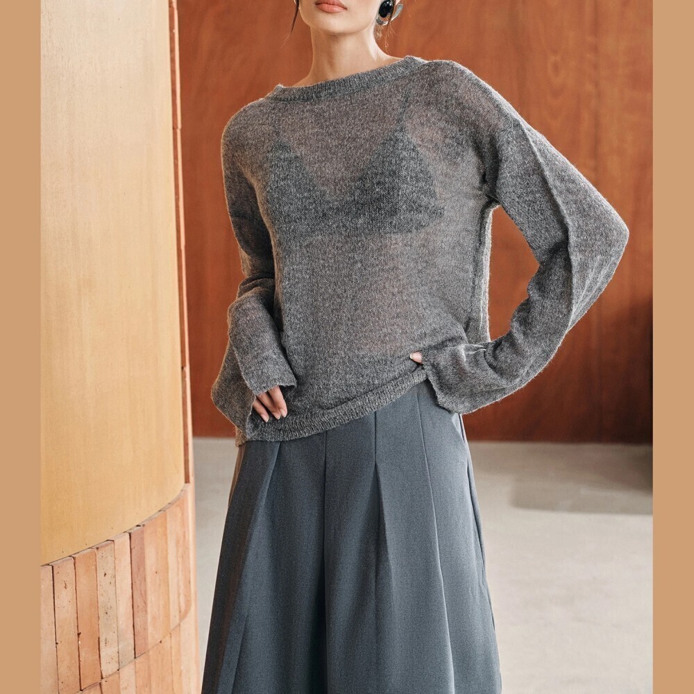 Gray Sheer Knit Boat Neck Loose Fit Sweater